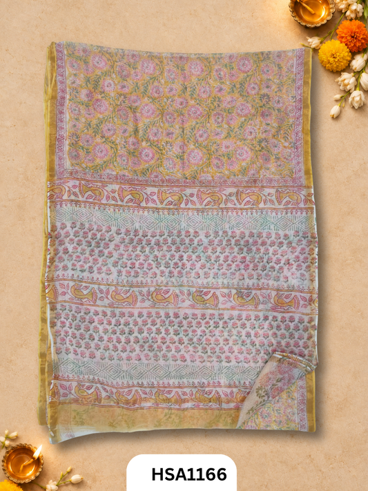 Hand Block Printed Kota Doriya Saree with Blouse