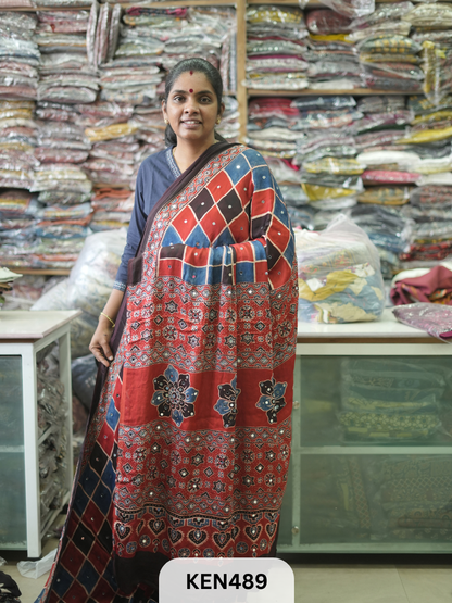 MODAL NATURAL AJRAKH HANDBLOCK SAREE WITH GLUE MIRROR
