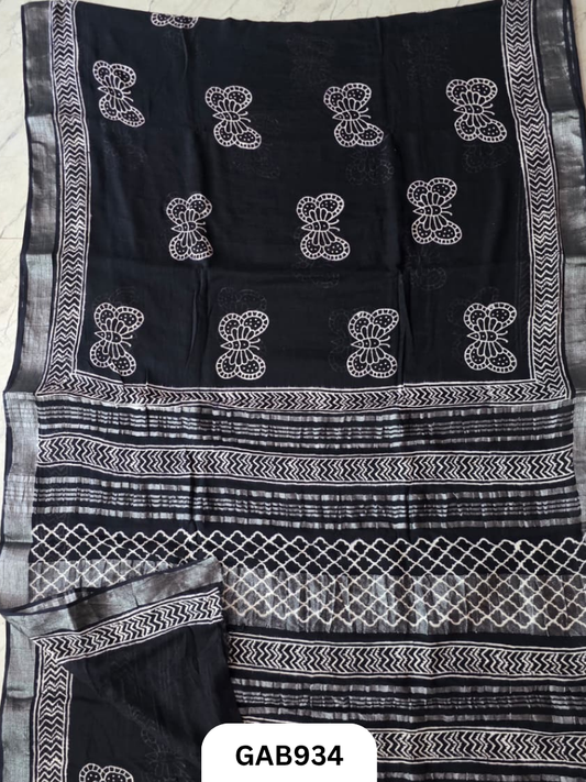 Bagru Handblock Print Linen Saree With Attached Blouse