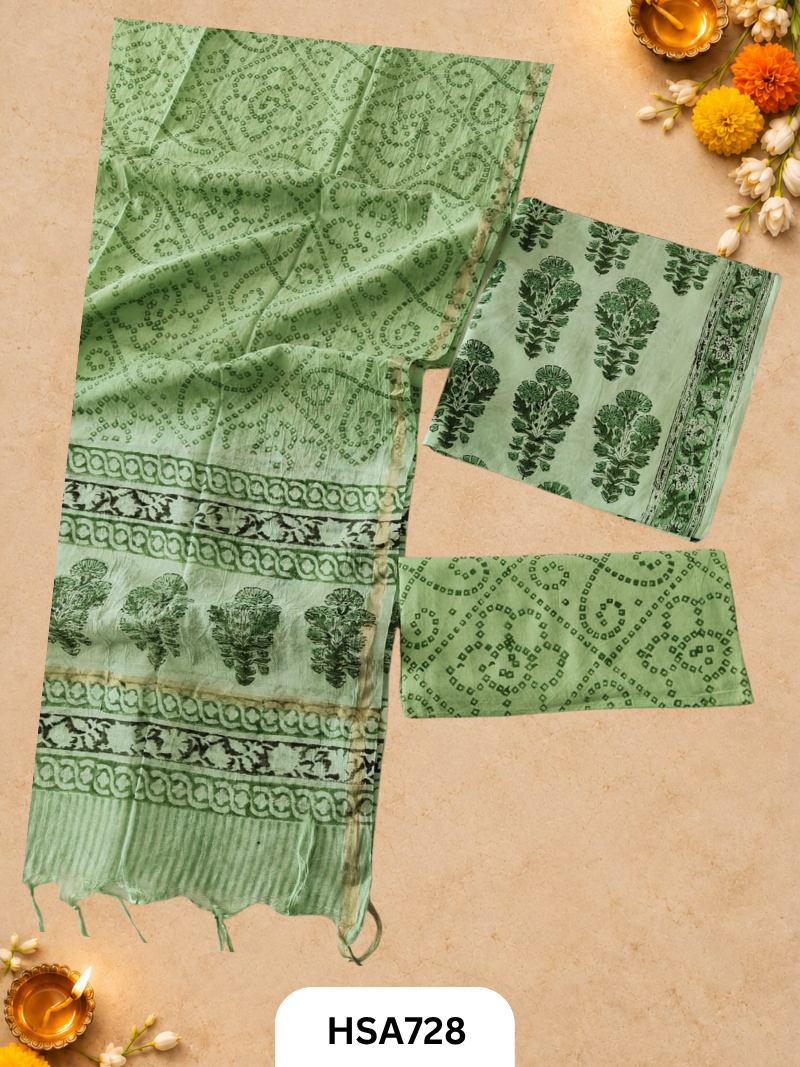 HandBlock Printed Chanderi Silk Dupatta With Cotton Suits -Top 2.5M Duptta 2.5M