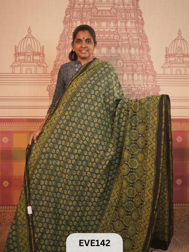 PURE CHANDERI SILK AJRAKH HANDBLOCK SAREE