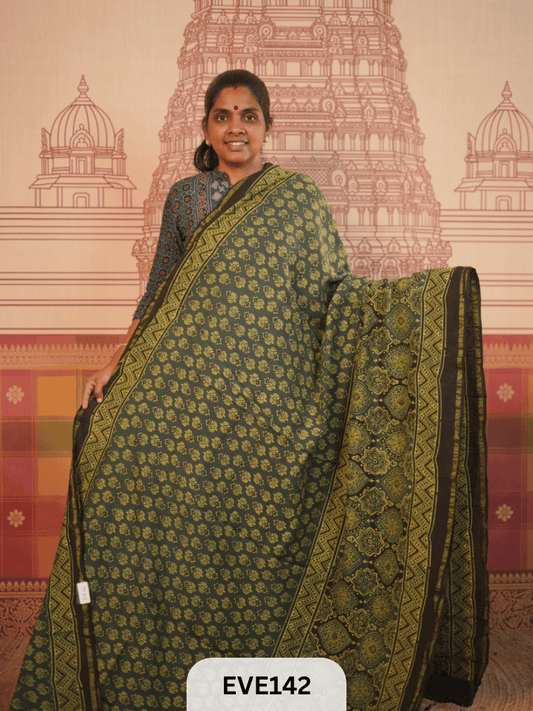 PURE CHANDERI SILK AJRAKH HANDBLOCK SAREE