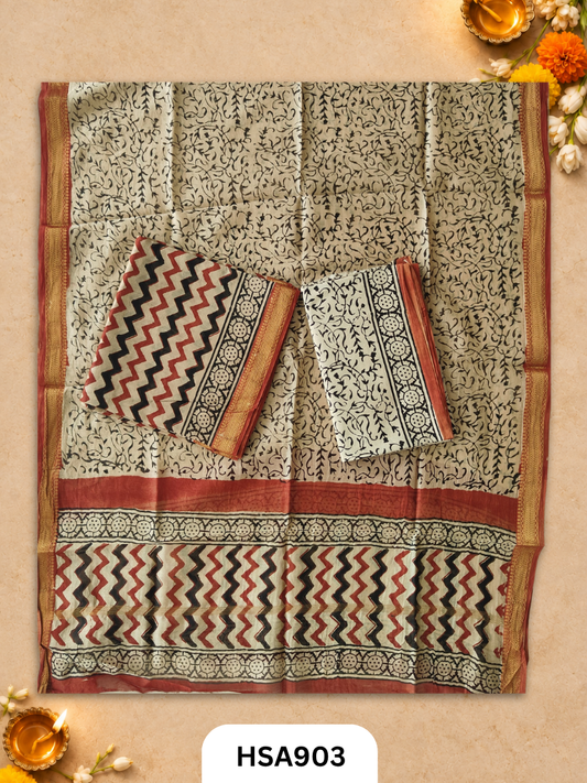 HandBlock Printed Maheshwari Silk Zari Border Top & dupttas 2.5 Mtrs | Bottom cotton 2.50 mtrs