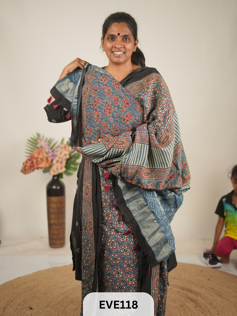 TUSSAR CHANDERI WITH GHARCHOLA - NATURAL AJRAKH HANDBLOCK