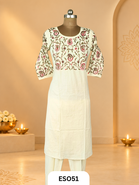 Kora Kashmiri pulkari  Work Off White 2 pcs Set