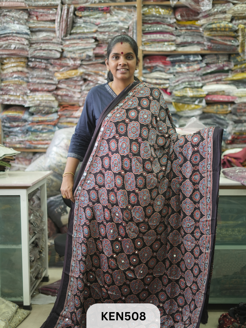 MODAL NATURAL AJRAKH HANDBLOCK SAREE WITH GLUE MIRROR