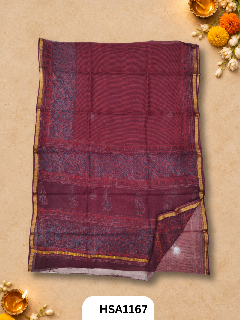 Hand Block Printed Kota Doriya Saree with Blouse