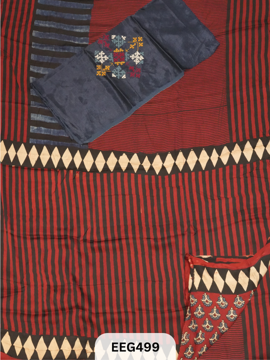 AJRAKH MODAL SAREE WITH KUTCHI HANDWORK BLOUSE PIECE EXTRA