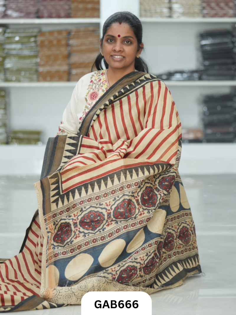 Hand Block Printed Maheshwari Silk Saree