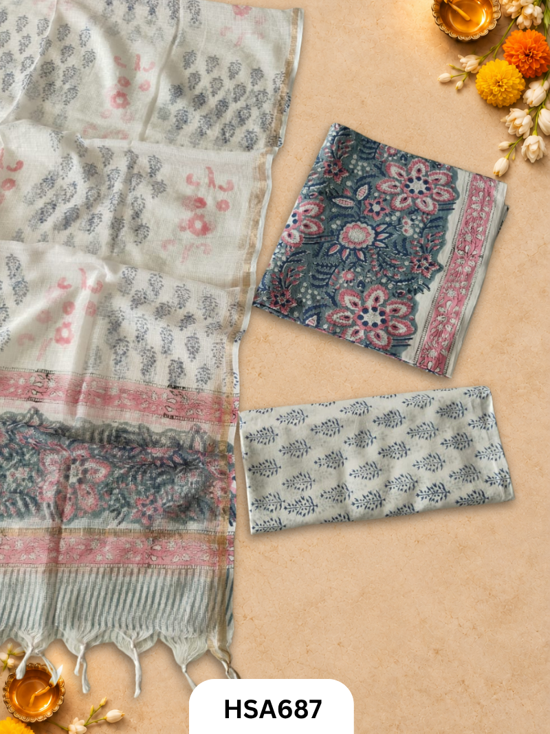 Handblock Printed Kota Doriya Dupatta With Cotton Suits Top 2.5mtr Dupatta 2.5mtr