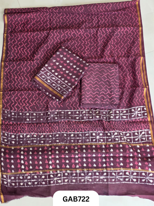 Hand Block Chanderi Silk Dress Materials Top 2.5 Mtrs Duptta 2.5 Mtrs