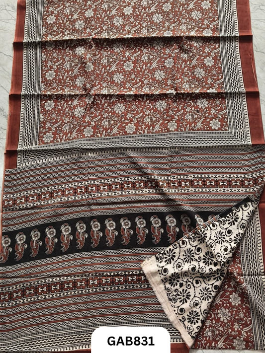 Bagru Block Print Cotton Mulmul Sarees With Running Blouse