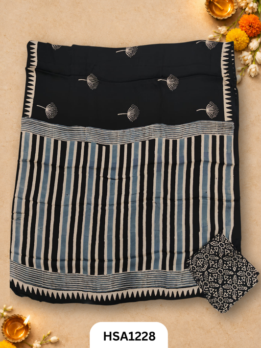 Hand Block Print Ajarkh Vanaspati Modal Silk Saree with blouse