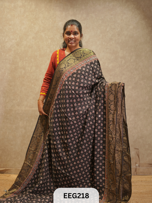 AJRAKH DOLA SILK SAREE WITH MIRROR WORK - IMMEDIATE DISPATCH