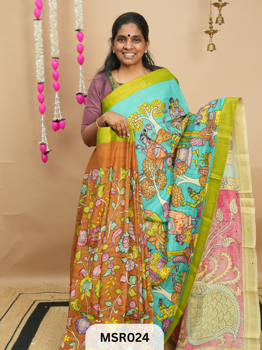 BANGLORE SILK WITH MANGALAGIRI BORDER FULL KALAMKARI