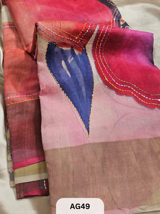 PURE TUSSAR WITH BORDER | SPECIAL HAND PAINT |HAND KANTHA STITCH | SILK MARK