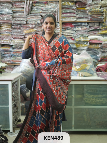 MODAL NATURAL AJRAKH HANDBLOCK SAREE WITH GLUE MIRROR