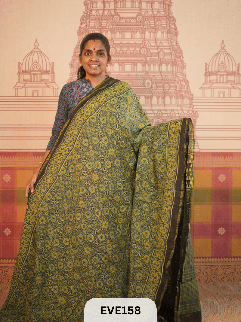 PURE CHANDERI SILK AJRAKH HANDBLOCK SAREE