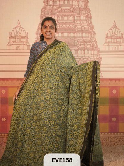 PURE CHANDERI SILK AJRAKH HANDBLOCK SAREE
