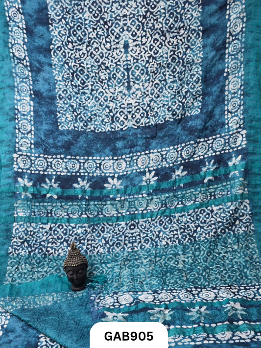 Temple Zari Border Hand Block Printed Katan Cotton Silk Saree With Running Blouse