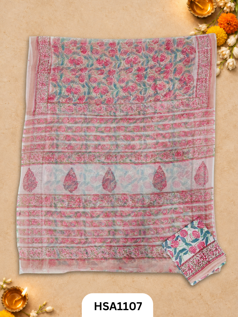Hand Block Printed Traditional Designs & Multi Colour Combinations Kota Doria Sarees