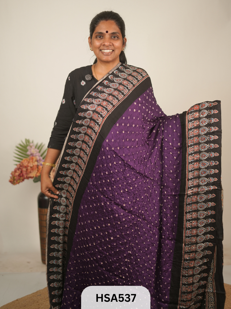 MODAL AJRAKH WITH BANDHINI SAREE