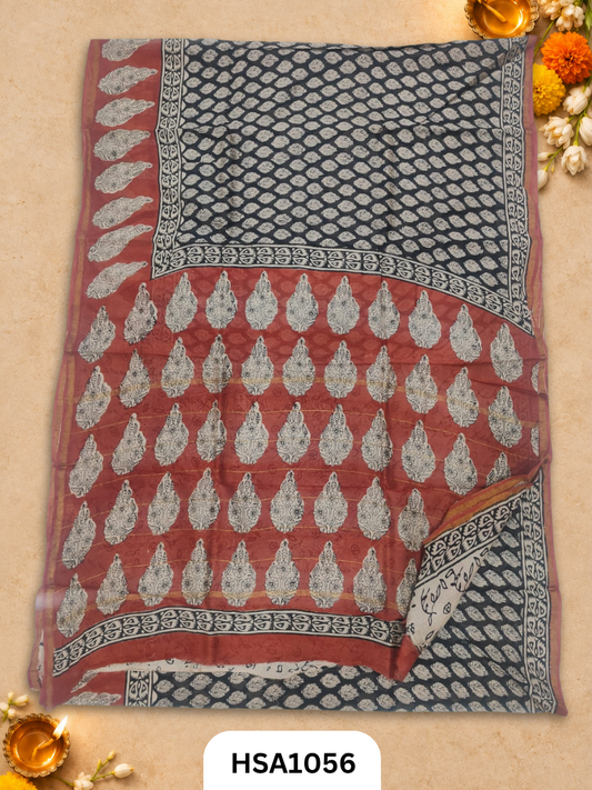Pure Hand Block Printed Chanderi Silk Saree With Printed Blouse