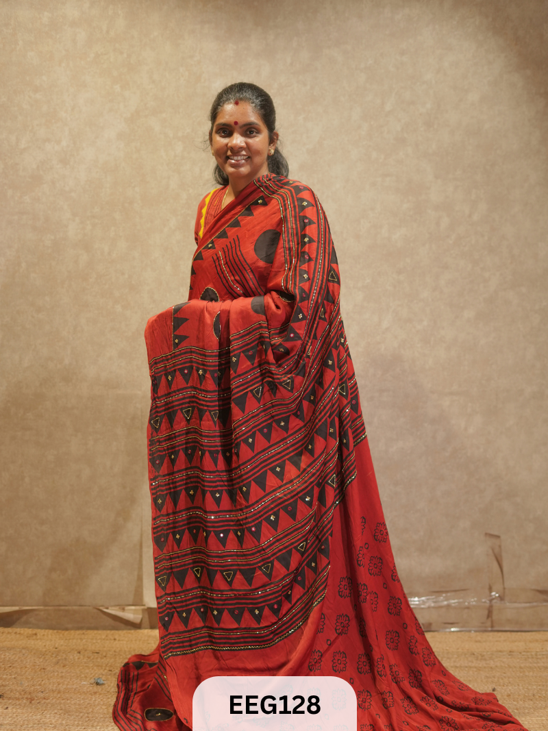AJRAKH MODAL SAREE WITH KHATLI HANDWORK