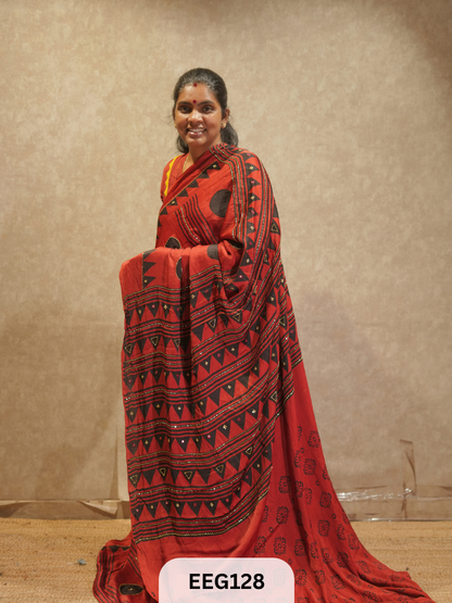AJRAKH MODAL SAREE WITH KHATLI HANDWORK