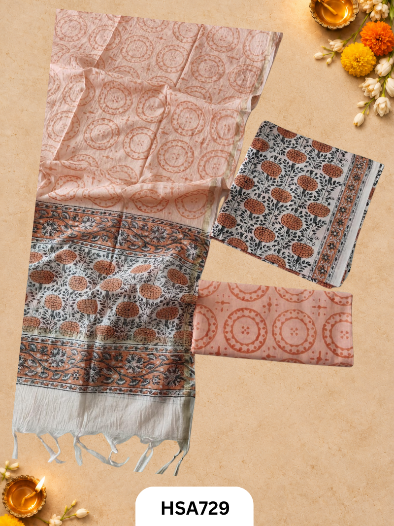 HandBlock Printed Chanderi Silk Dupatta With Cotton Suits -Top 2.5M Duptta 2.5M