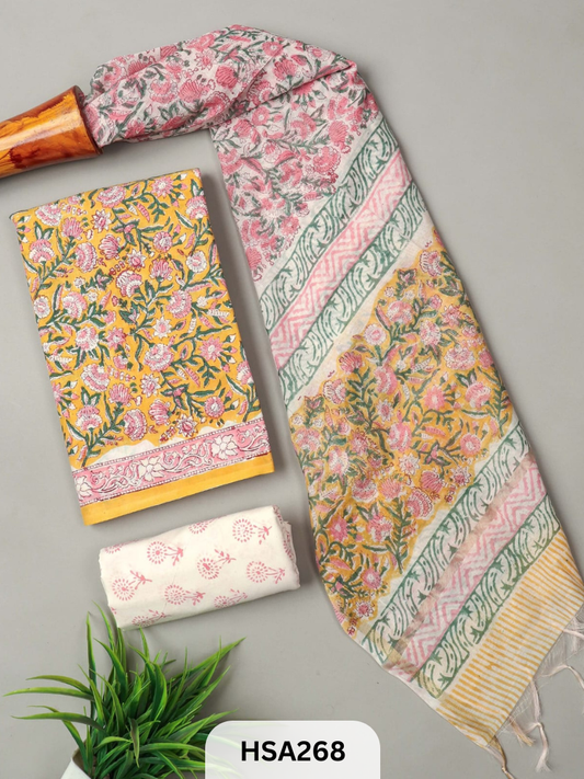 COTTON SUIT WITH CHANDERI DUPATTA HAND BLOCK PRINTED- 3PCS SET