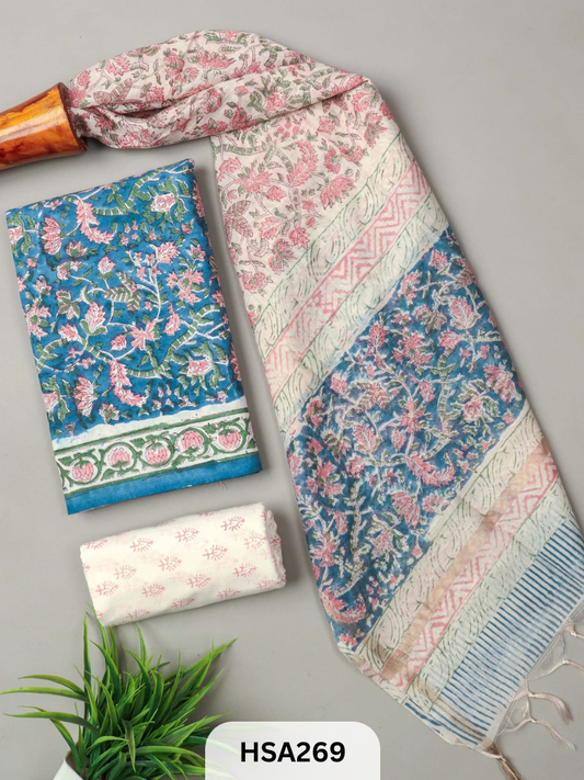 COTTON SUIT WITH CHANDERI DUPATTA HAND BLOCK PRINTED- 3PCS SET