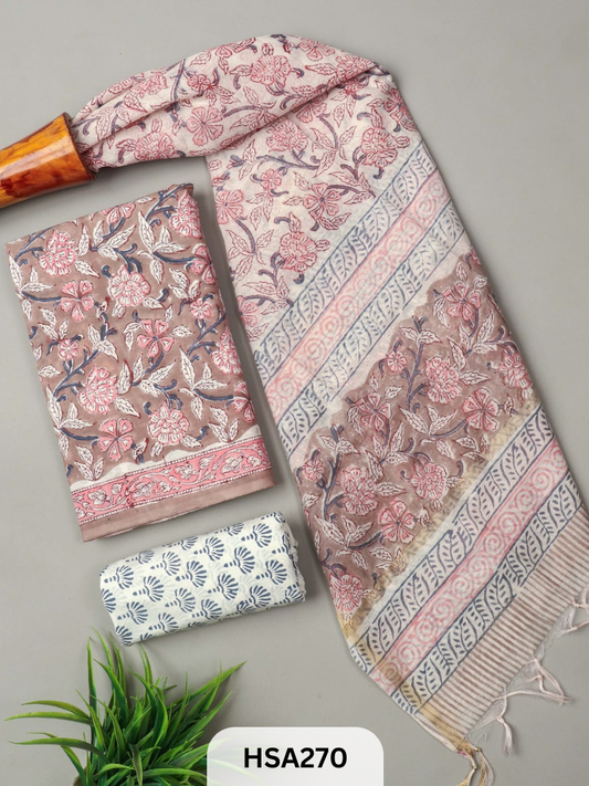 COTTON SUIT WITH CHANDERI DUPATTA HAND BLOCK PRINTED- 3PCS SET