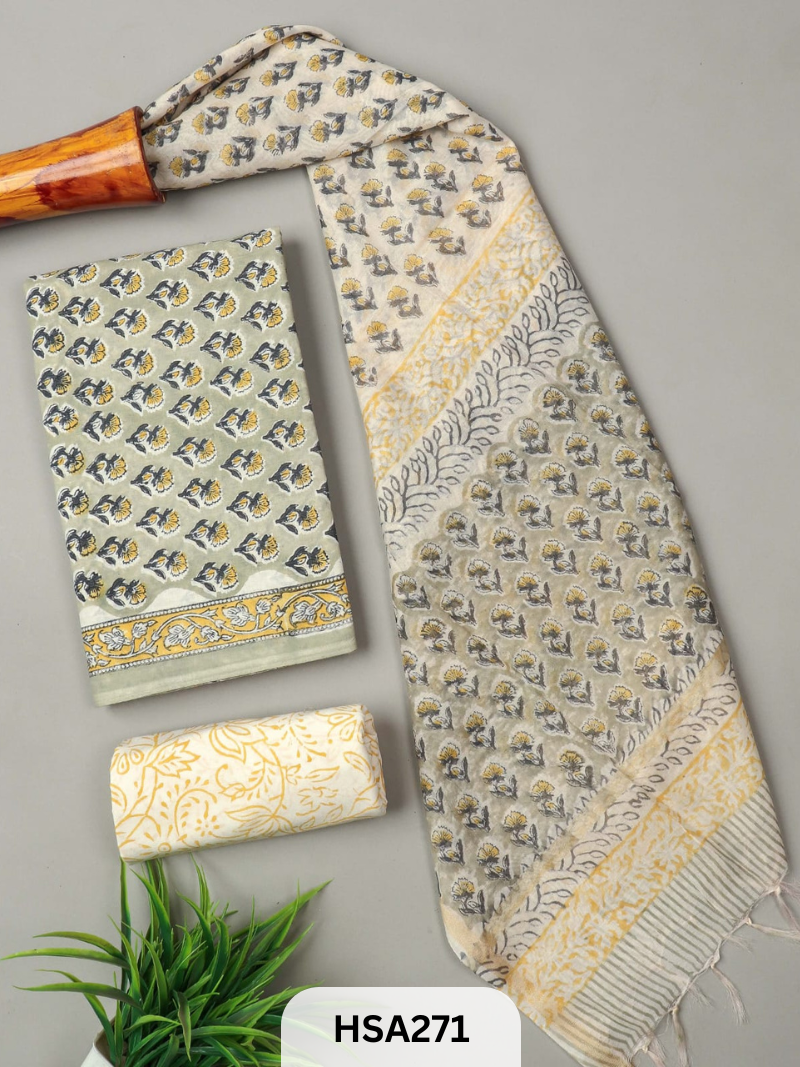 COTTON SUIT WITH CHANDERI DUPATTA HAND BLOCK PRINTED- 3PCS SET