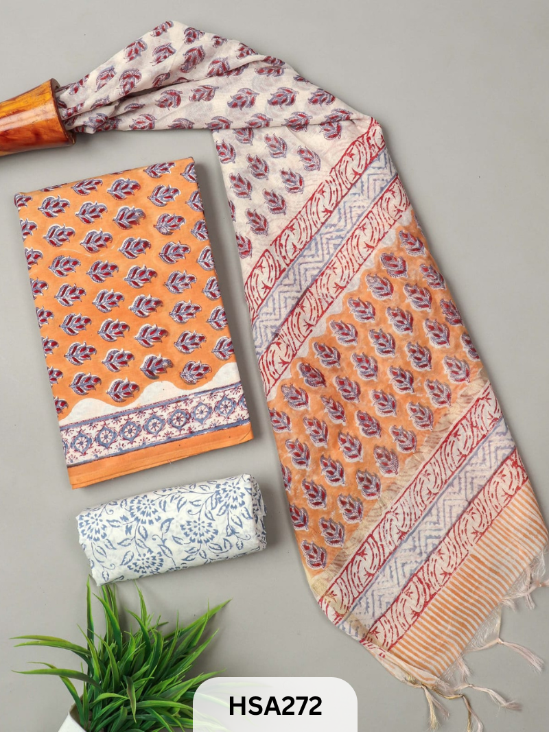 COTTON SUIT WITH CHANDERI DUPATTA HAND BLOCK PRINTED- 3PCS SET