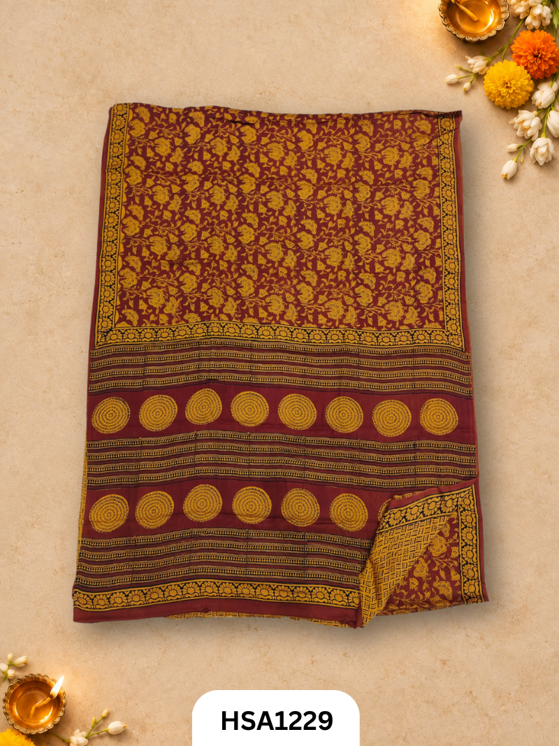 Hand Block Print Ajarkh Vanaspati Modal Silk Saree with blouse