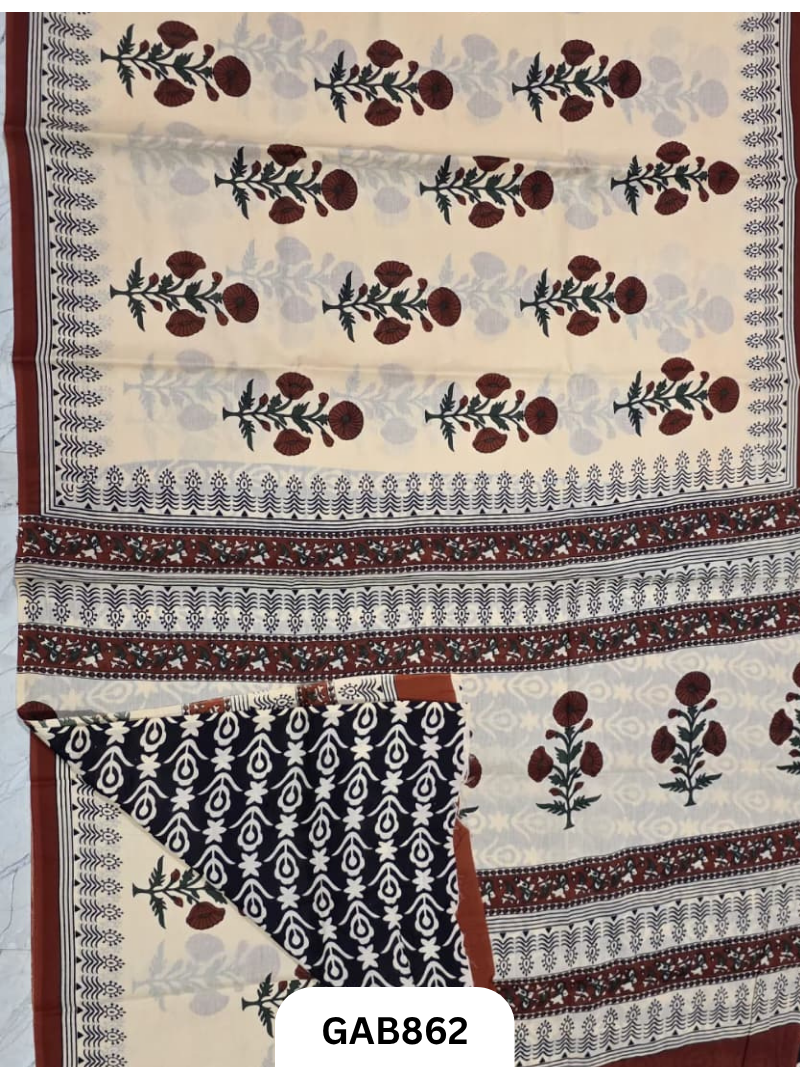 Bagru Block Print Cotton Mulmul Sarees With Running Blouse