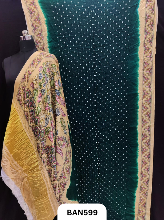 Semi Gaji ts kalamkari digital print pallu, blouse and border with bandhej saree