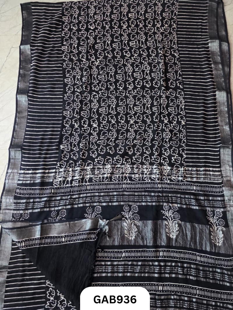 Bagru Handblock Print Linen Saree With Attached Blouse