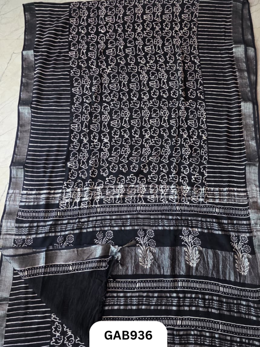 Bagru Handblock Print Linen Saree With Attached Blouse