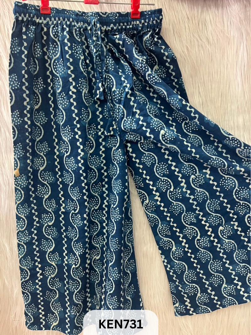 INDIGO COTTON PALAZO PANT FREESIZE-(22TO40INCH)