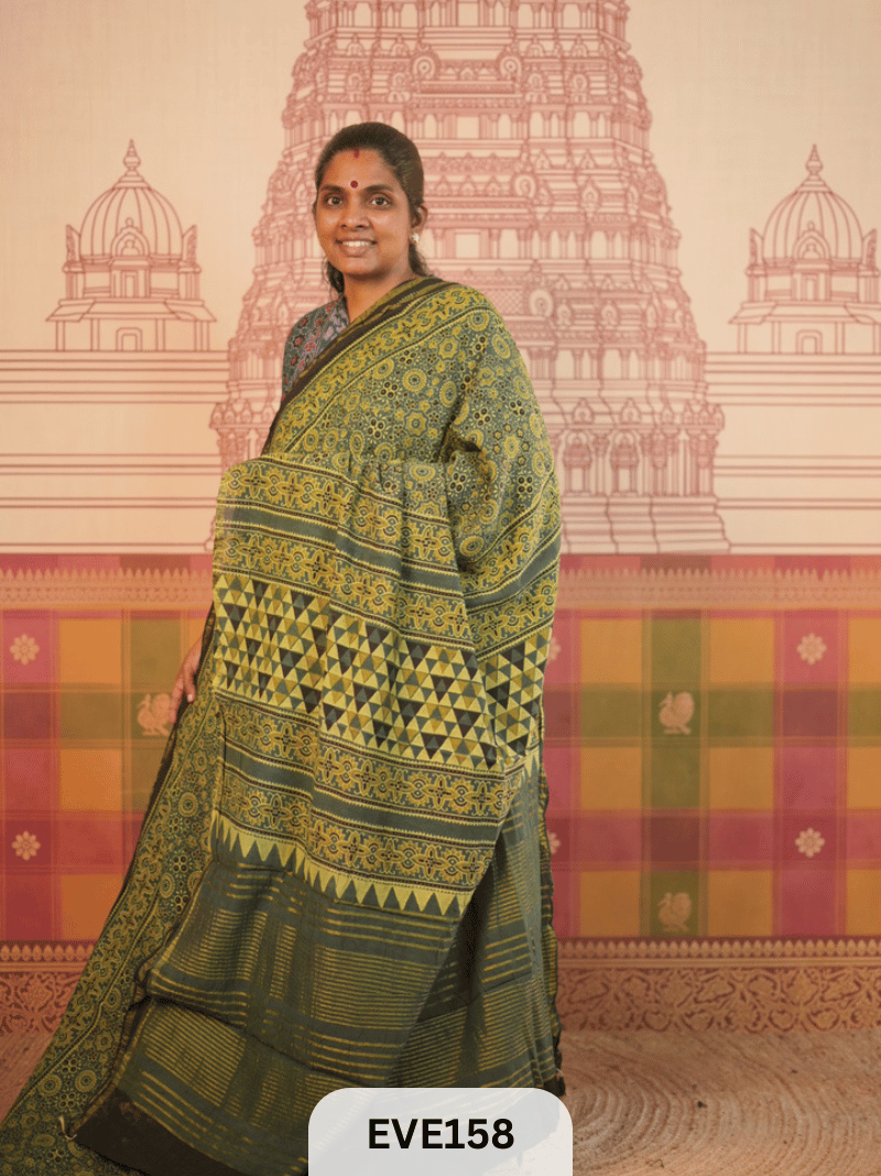 PURE CHANDERI SILK AJRAKH HANDBLOCK SAREE