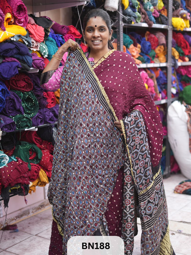 AJRAKH BANDHEJ WITH SKIRT BORDER SAREES | MODAL GAJI FABRIC