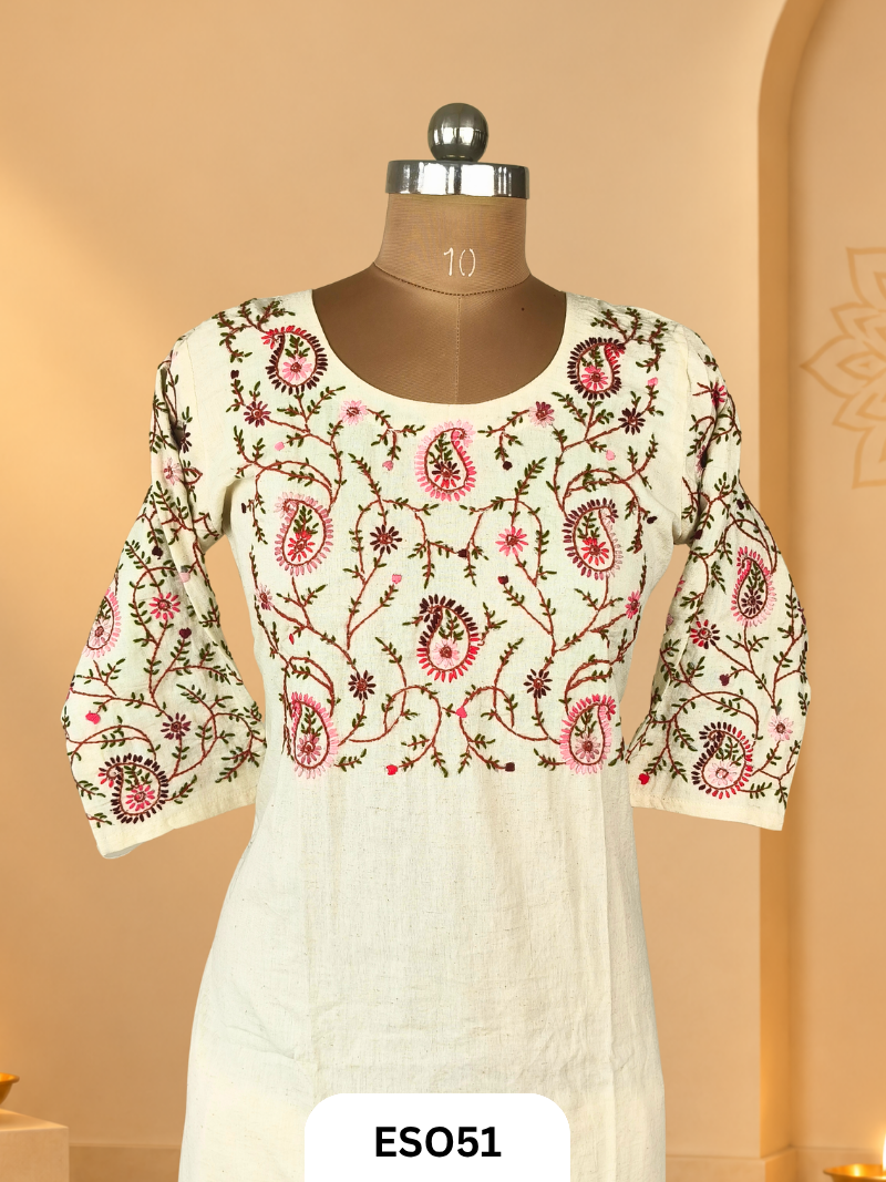 Kora Kashmiri pulkari  Work Off White 2 pcs Set