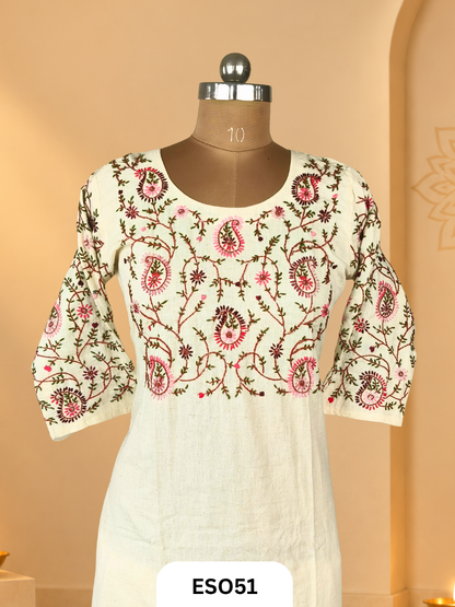 Kora Kashmiri pulkari  Work Off White 2 pcs Set