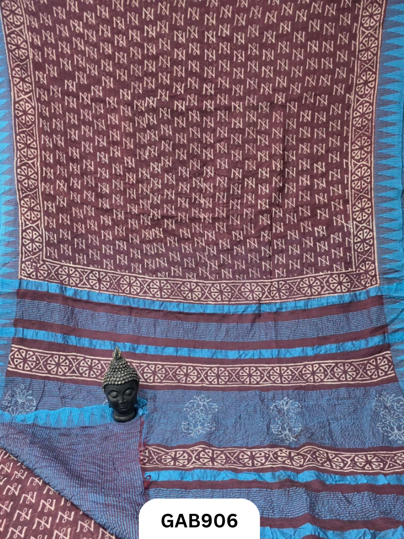 Temple Zari Border Hand Block Printed Katan Cotton Silk Saree With Running Blouse