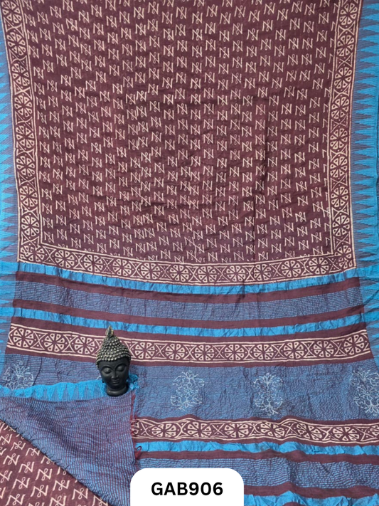 Temple Zari Border Hand Block Printed Katan Cotton Silk Saree With Running Blouse