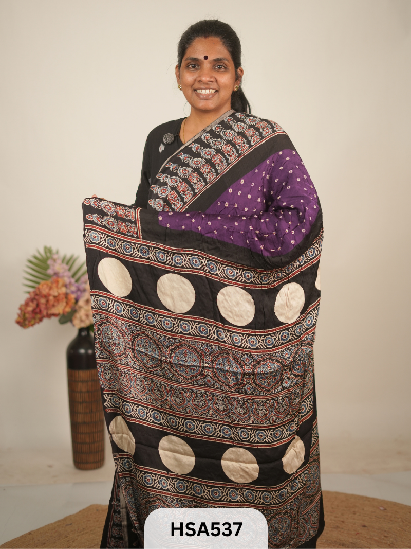 MODAL AJRAKH WITH BANDHINI SAREE