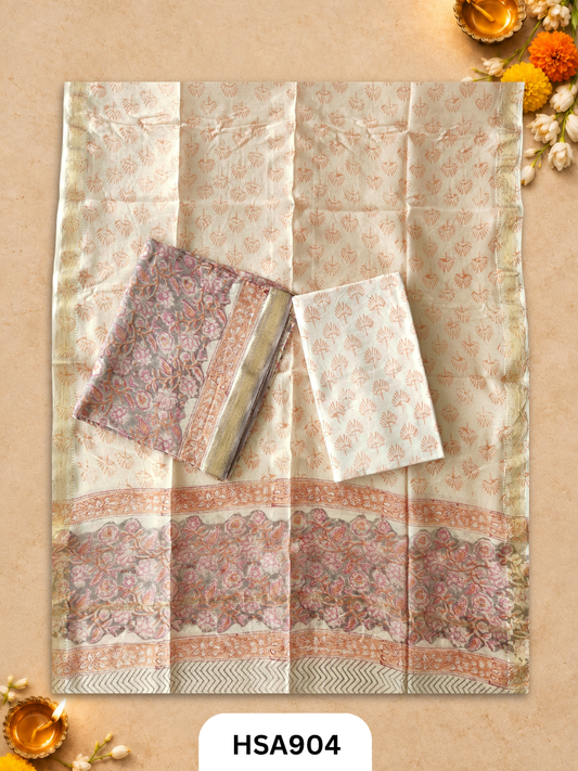 HandBlock Printed Maheshwari Silk Zari Border Top & dupttas 2.5 Mtrs | Bottom cotton 2.50 mtrs