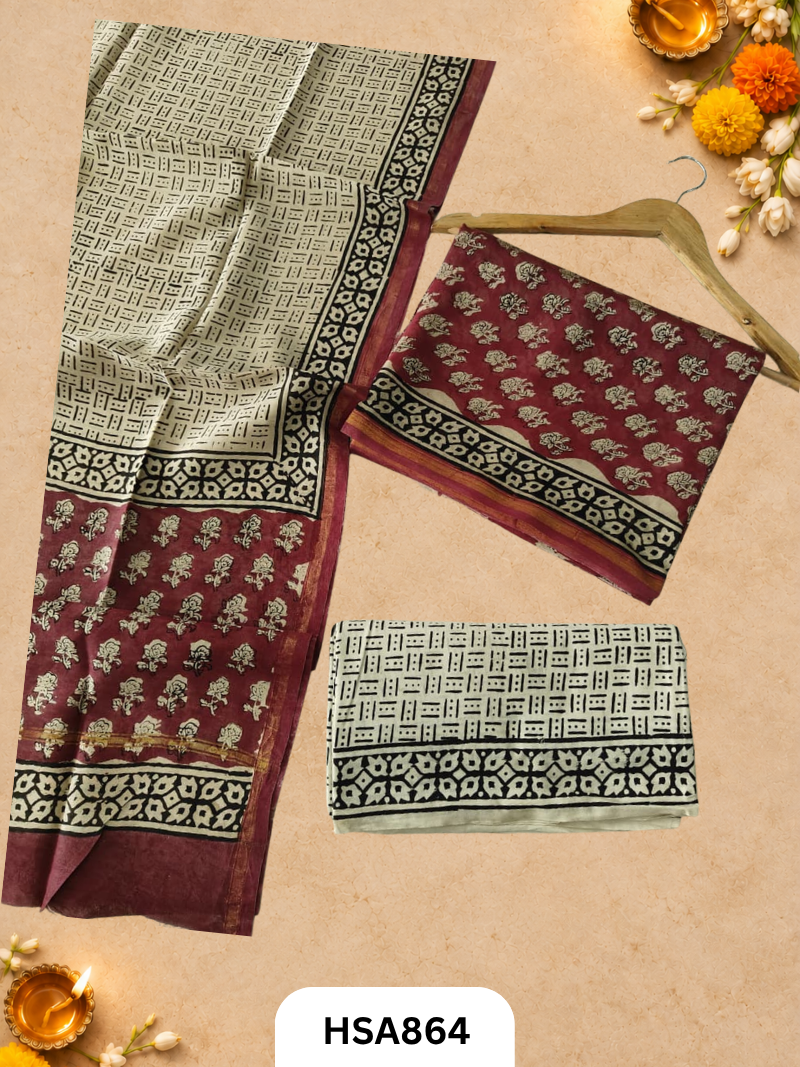 HandBlock Printed Chanderi Silk Cotton Suits -Top 2.5M Duptta 2.5M